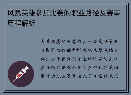 风暴英雄参加比赛的职业路径及赛事历程解析