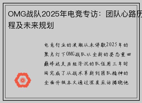 OMG战队2025年电竞专访：团队心路历程及未来规划